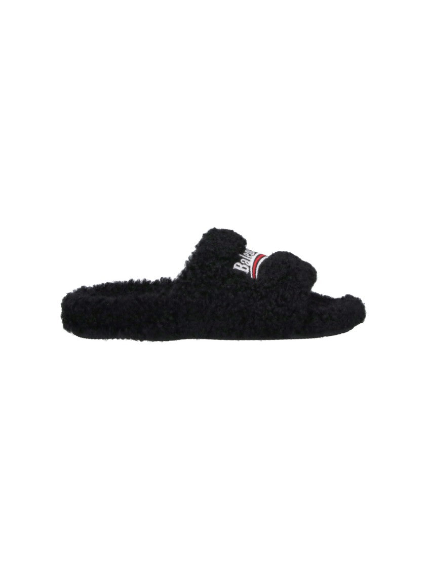 Balenciaga Textured Black Sandals With Embroidered Logo
