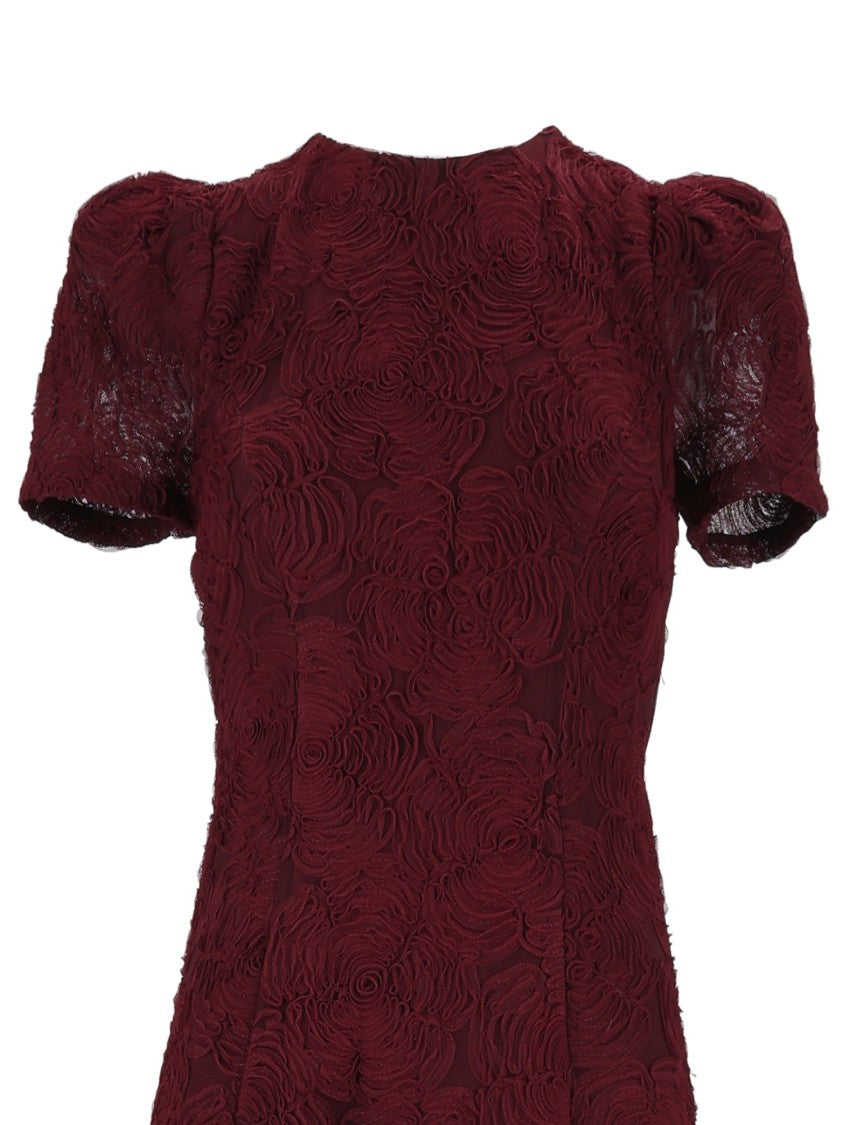 Rotate Brown Slim-Fit Floral Mesh Flared Midi Dress