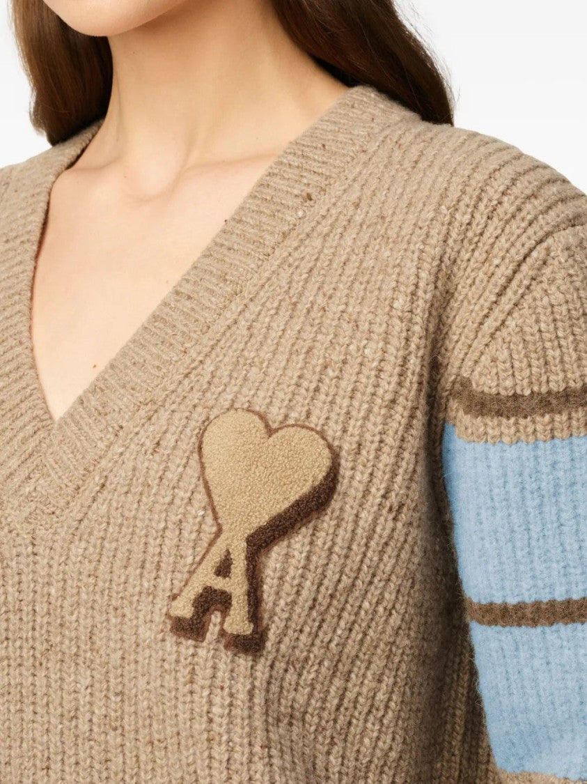 Ami V-Neck Cashmere Sweater With Embroidered Heart Detail