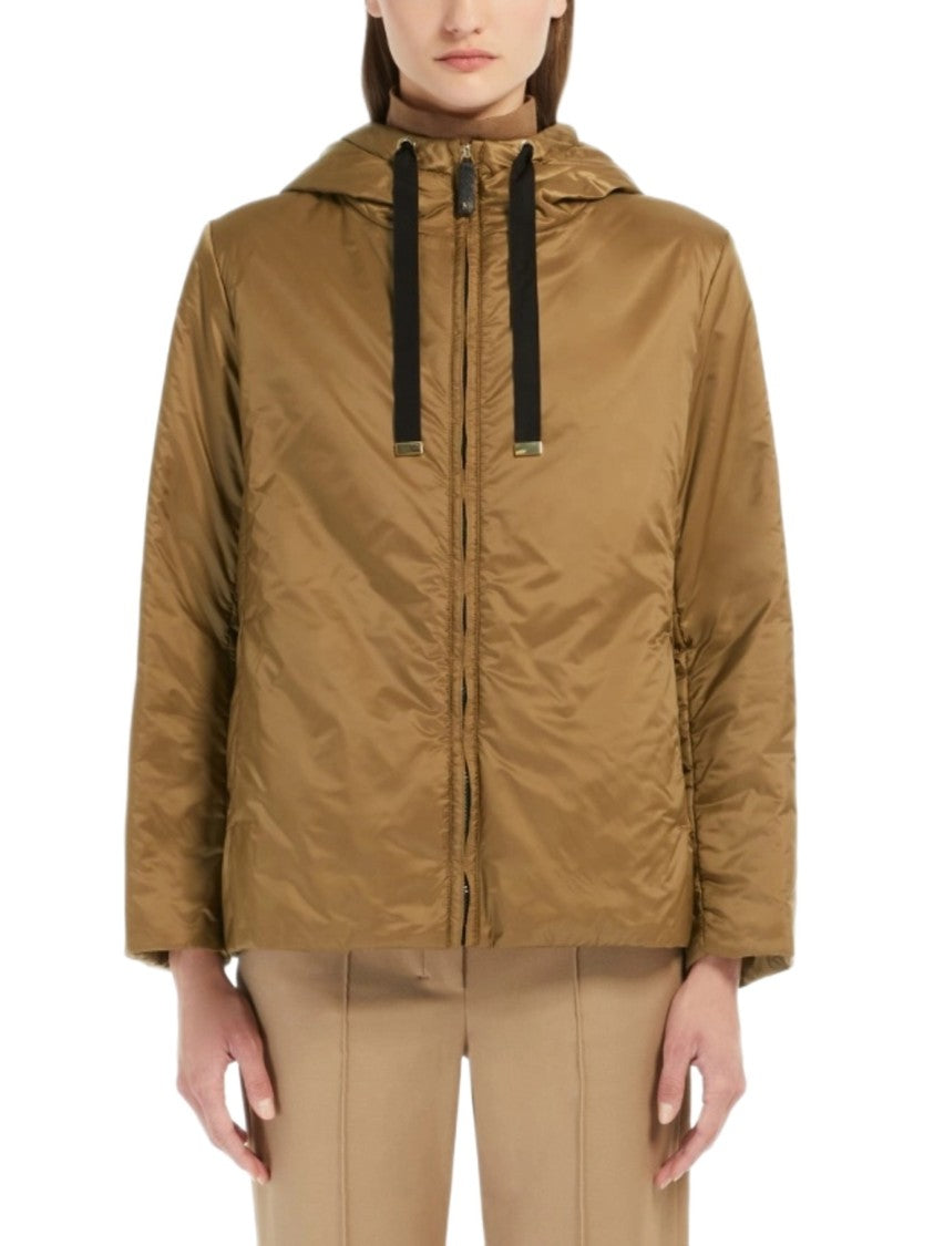 Max Mara Short Brown Hooded Coat With Minimalist Design And Metallic Accents
