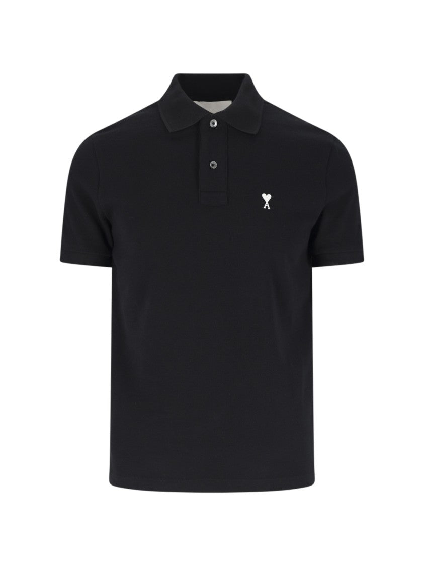 Ami Paris Ami De Coeur Embroidered Black Cotton Polo Shirt
