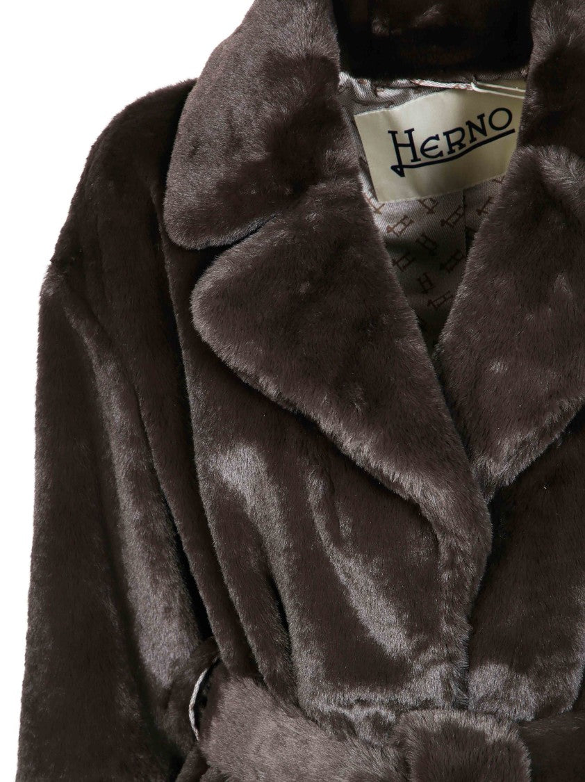 Herno Faux Fur Belted Long Coat