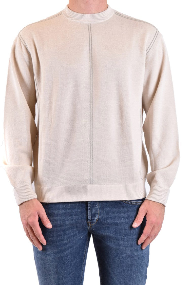 Emporio Armani Beige Knitwear With Ribbed Crew Neckline And Vertical Seams