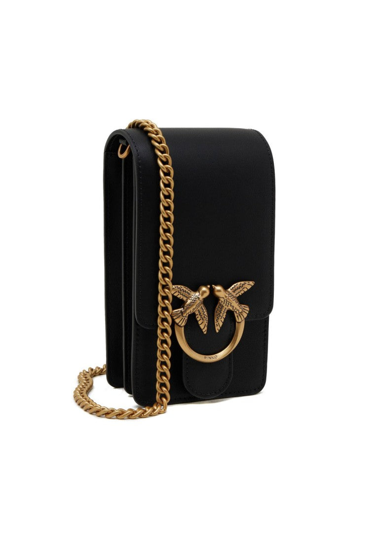 Pinko Black Love-Bird Clasp Chain Leather Shoulder Bag