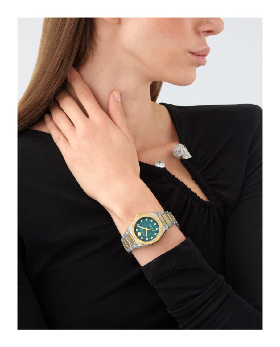 Philipp Plein 36Mm Two-Tone Crystal-Accented Watch With Green Guilloche Dial