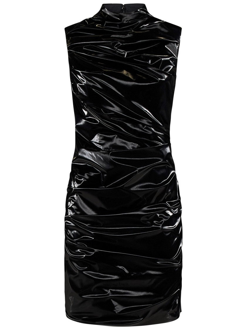 Alexander Mcqueen Sleeveless Black Coated Jersey Minidress With Ruching
