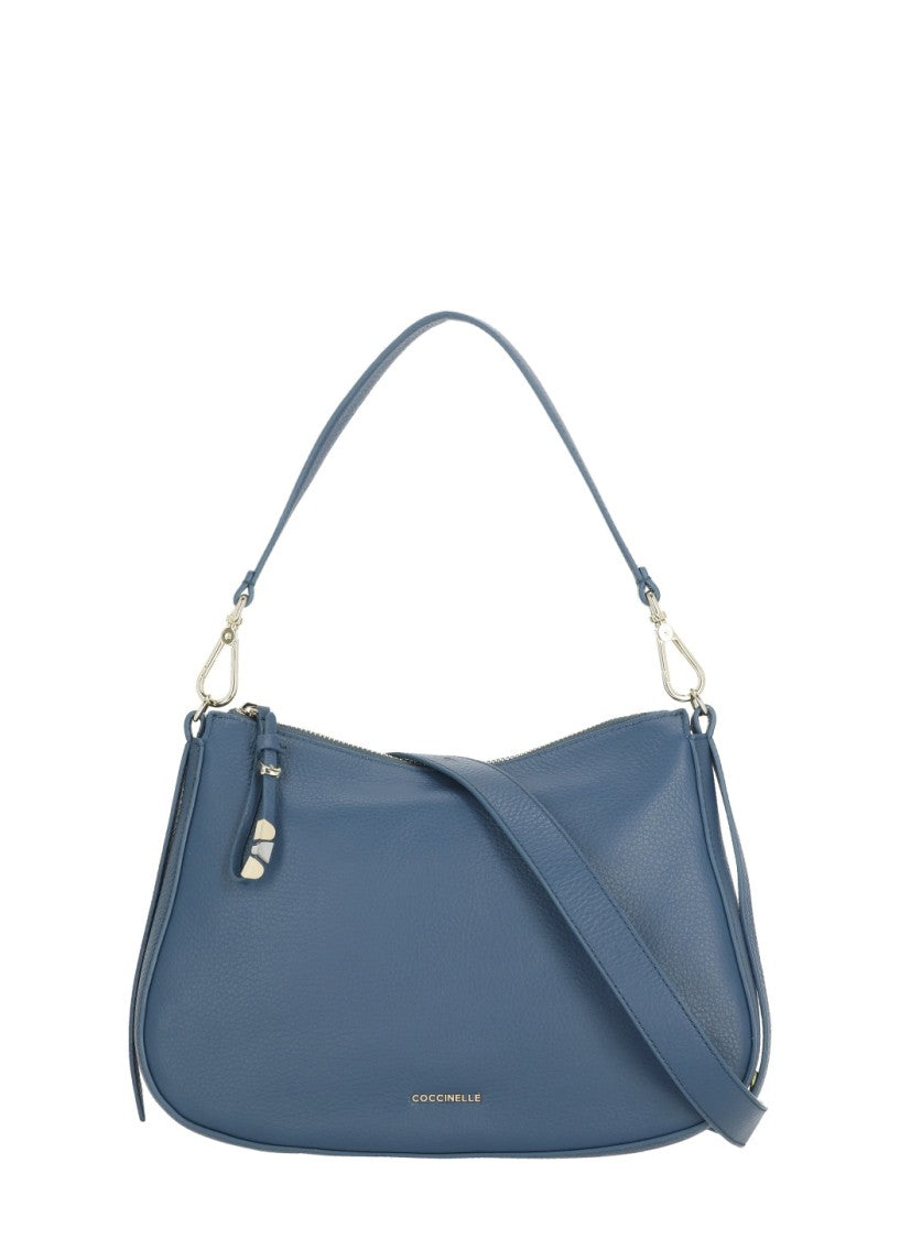Coccinelle Compact Blue Leather Shoulder Bag With Versatile Strap Options