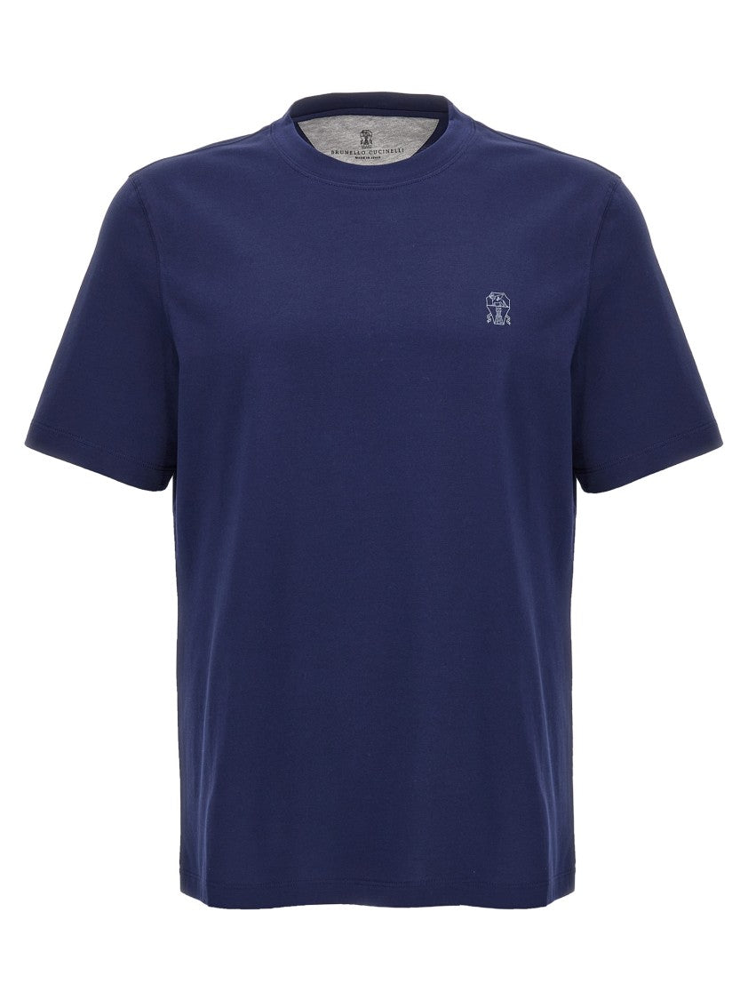 Brunello Cucinelli Blue Cotton T-Shirt With Logo Print