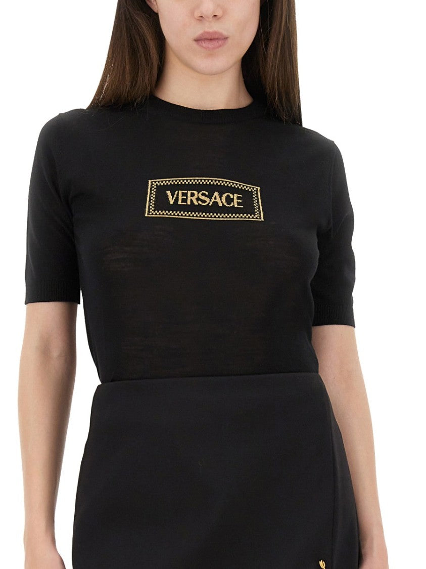 Versace Fitted Knit T-Shirt With Logo Patch