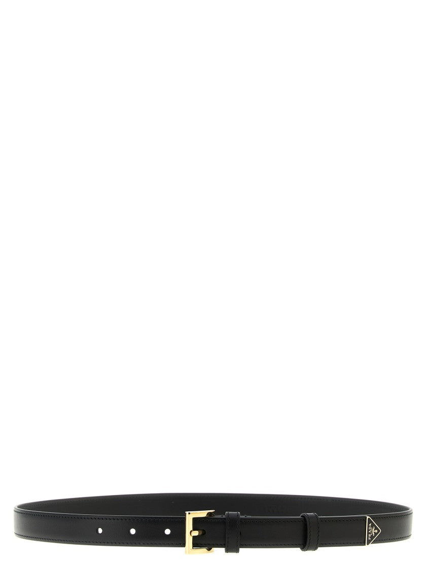 Prada Sleek Black Leather Belt With Gold Toned Buckle
