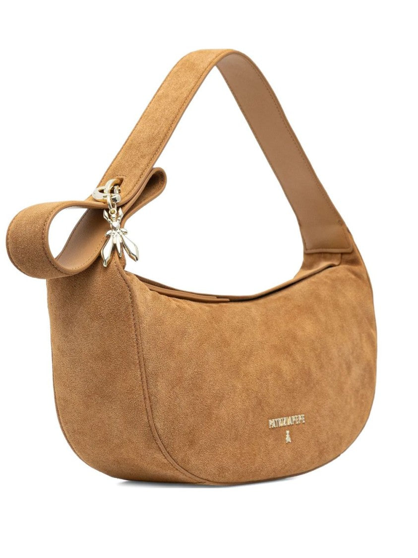 Patrizia Pepe Light Brown Suede Shoulder Bag With Bow Detail And Signature Accents