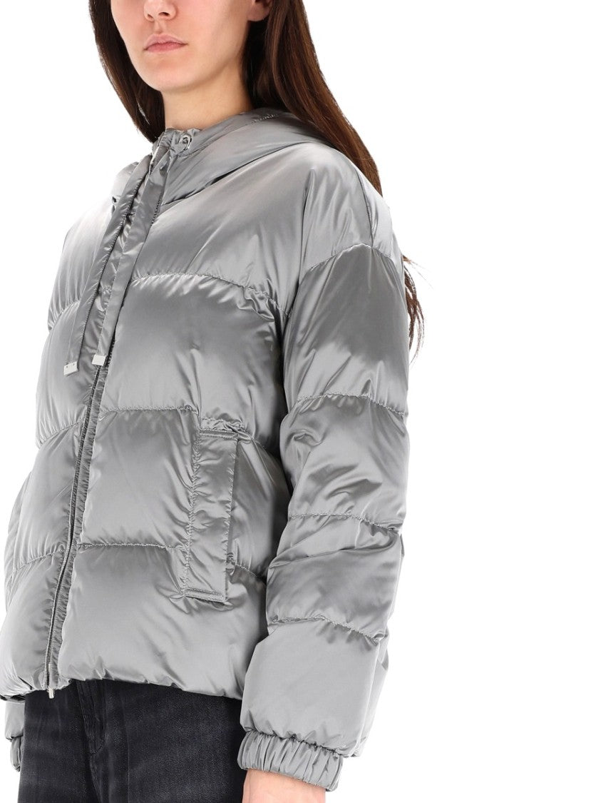 Max Mara Silver Anti-Drip Satin Quilt With Hood And Zipper Closure