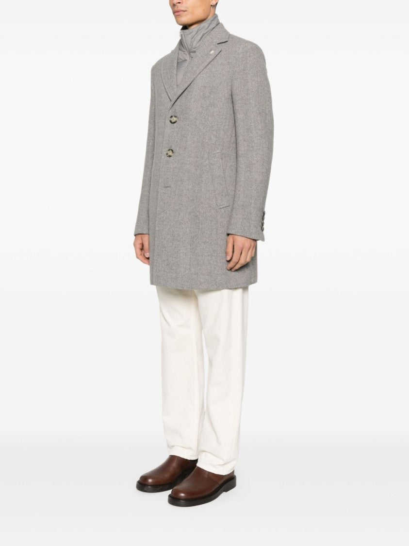Manuel Ritz Grey Herringbone Single-Breasted Coat With Notched Lapels And Flap Pockets