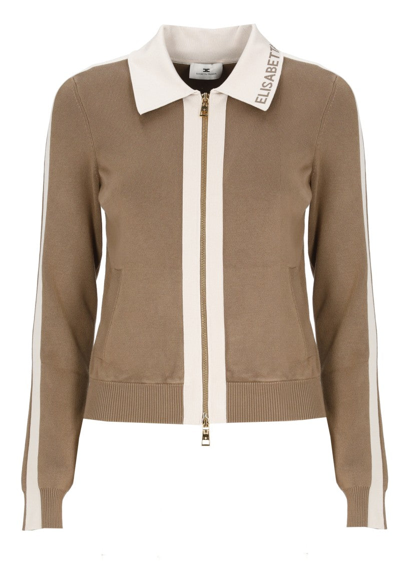 Elisabetta Franchi Brown Zip Front Logo Viscose Sweater