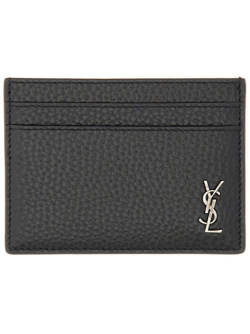 Saint Laurent Textured Black Leather Monogram Card Holder