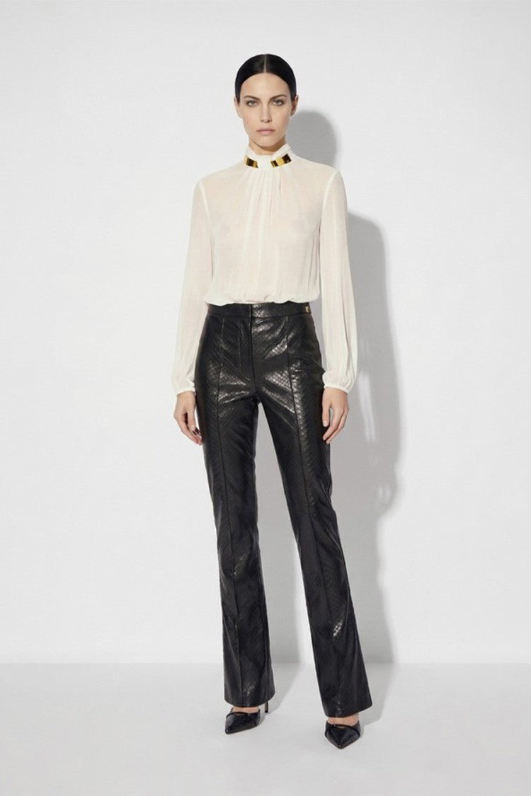 Elisabetta Franchi Black Polyester Snakeskin-Embossed Flared Trousers