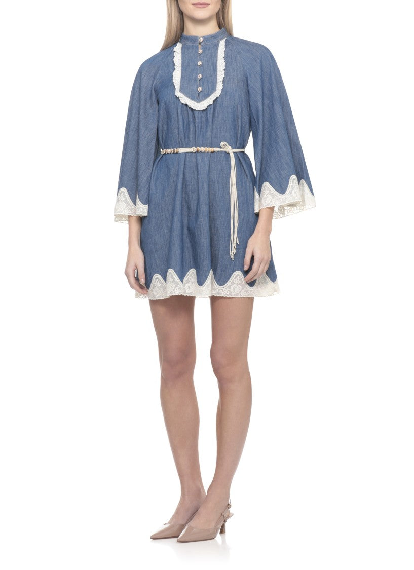 Zimmermann Denim Mini Dress With Scalloped Lace Detailing