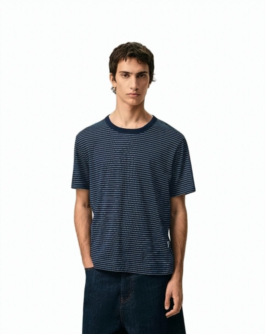 Ami Paris Navy Blue Cotton T-Shirt With Striped Design