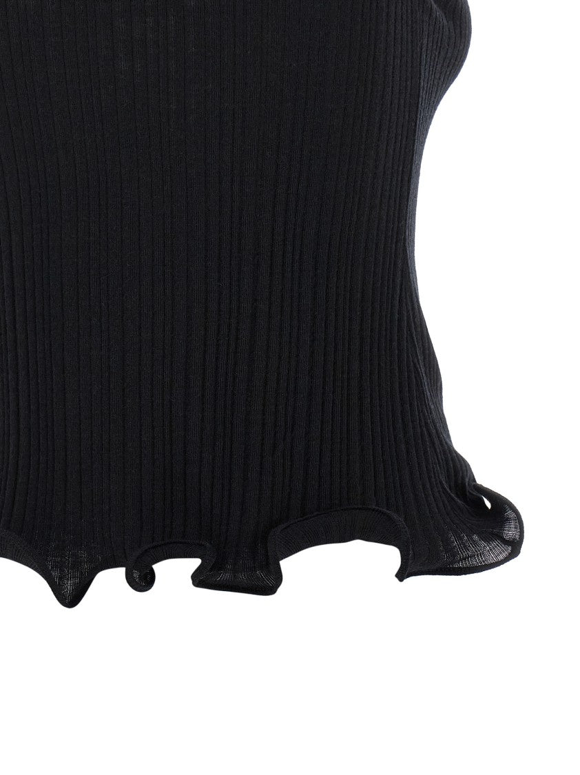 Fendi High Neck Ribbed Cotton Jersey Top With Ruffled Hem
