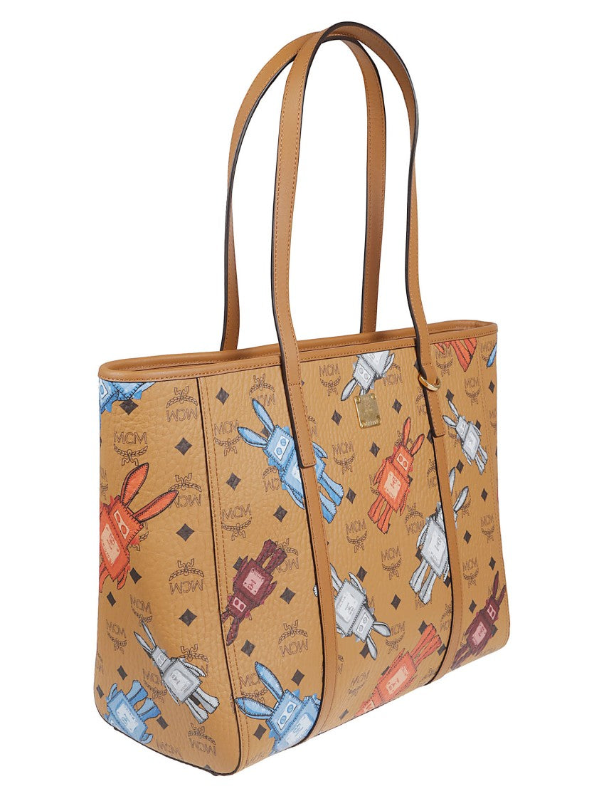 Mcm Structured Tote Bag With Colorful Robot Pattern And Leather Trims