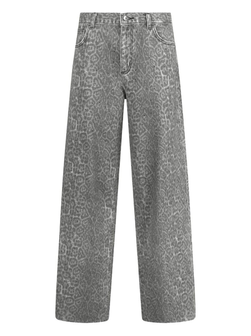 Liu Jo Wide-Leg Gray Trousers With Subtle Leopard Print