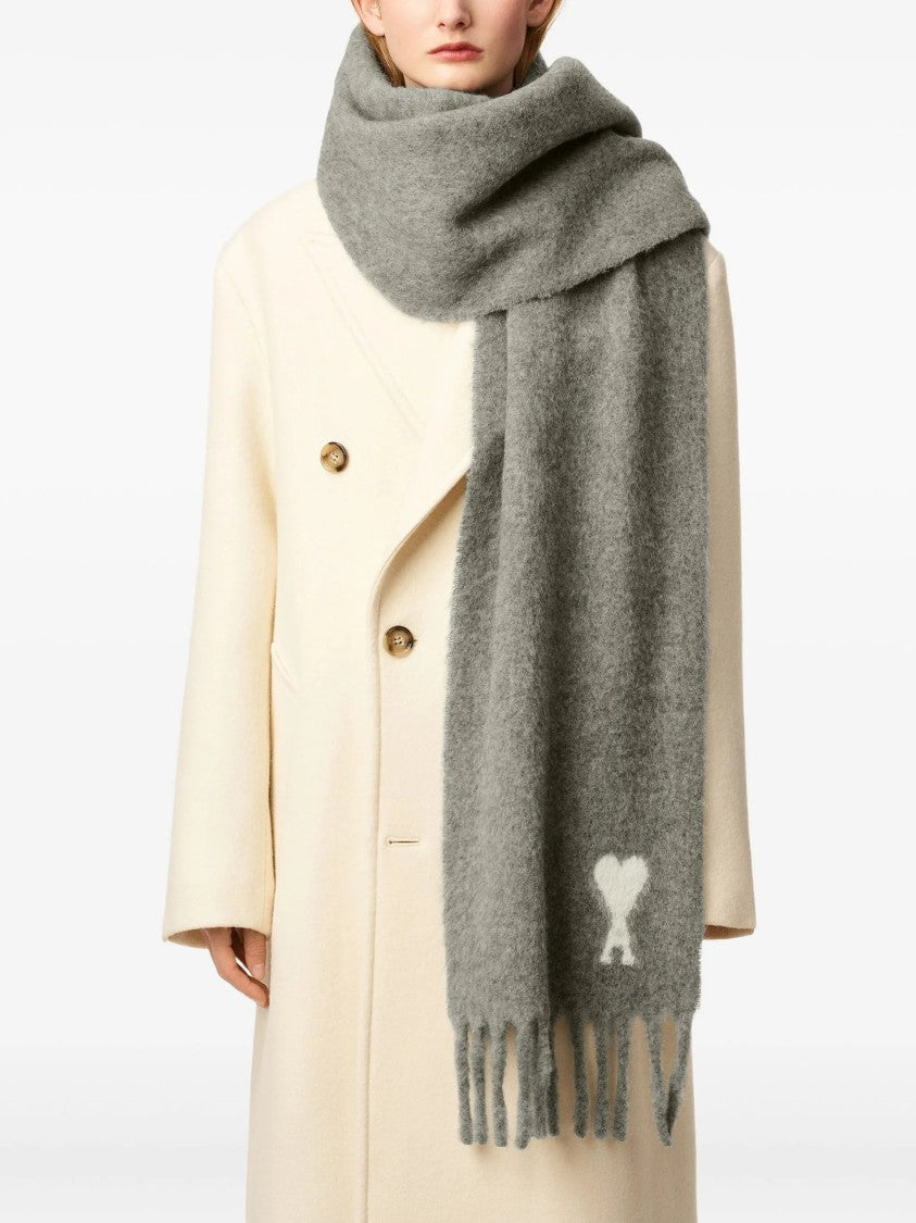 Ami Fringed Grey Scarf With Motif
