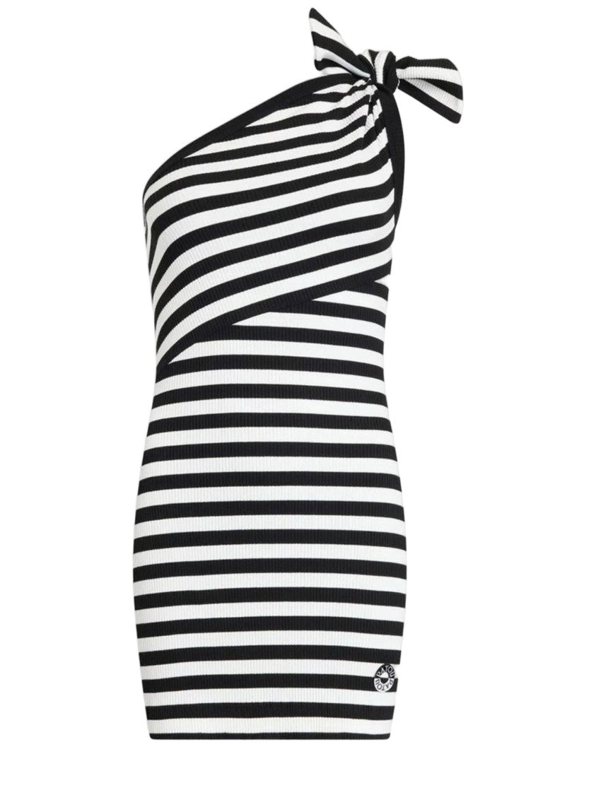 Patou Black And White Stretch Cotton One-Shoulder Bow Dress
