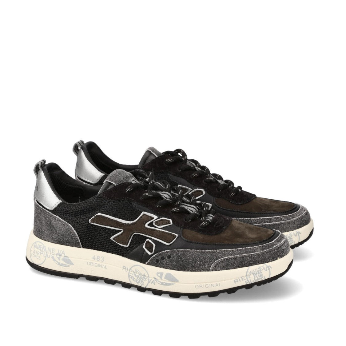 Premiata Nous Sneakers In Grey Crackle-Effect Leather, Brown Nubuck
