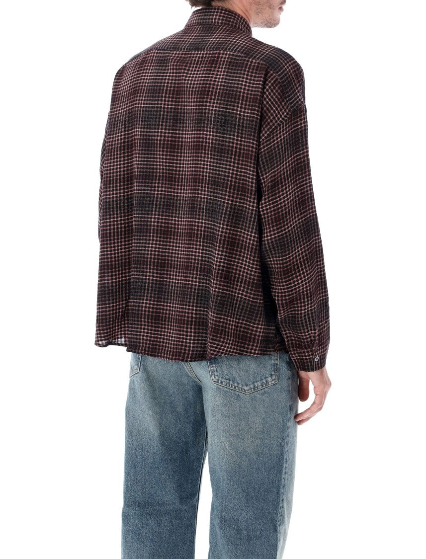 Sunflower Stable Pink Black Check Slub Wool-Blend Curved Hem Shirt