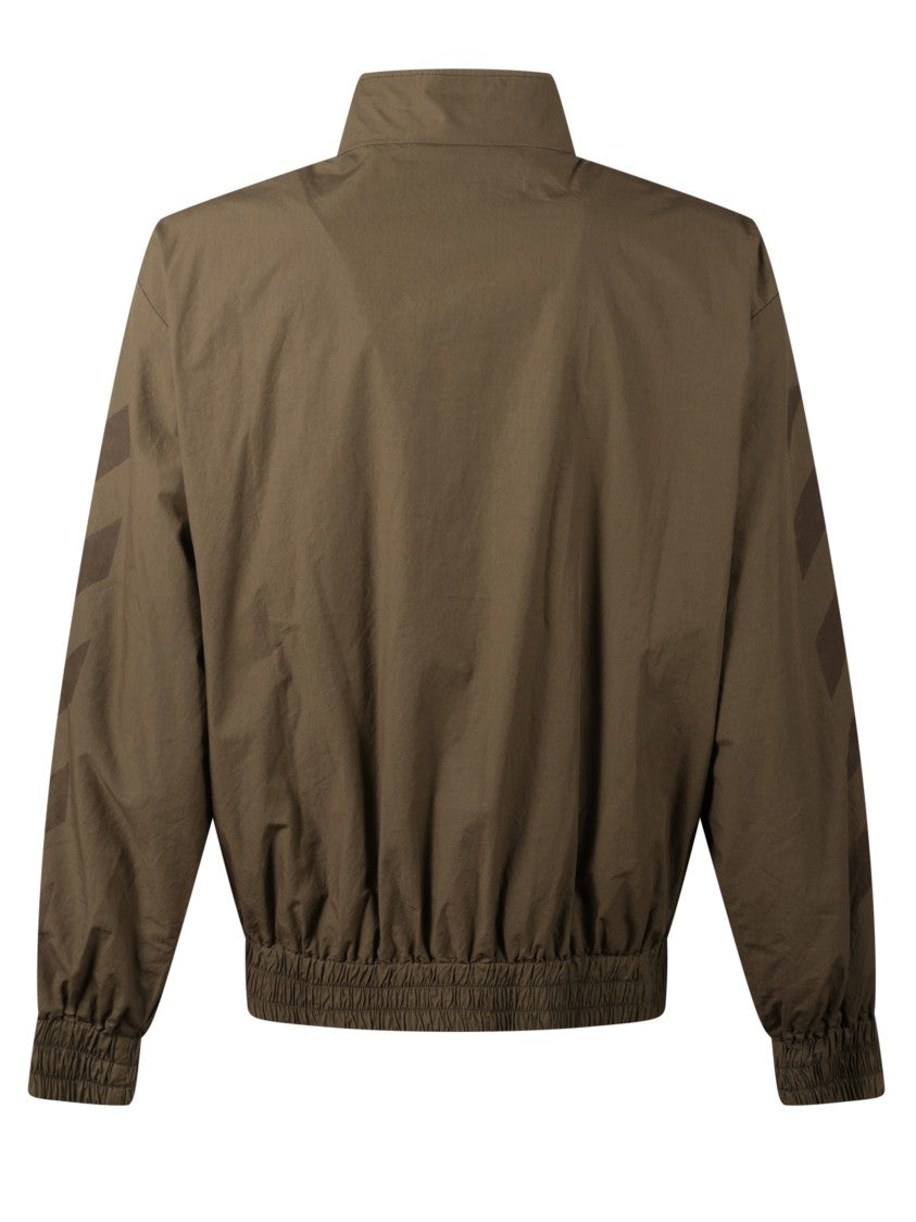 Off-White Brown Zip-Up Jacket With High Collar And Diagonal Stripe Accents