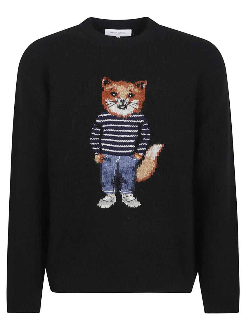 Maison Kitsuné Black Knit Sweater With Playful Fox Embroidery