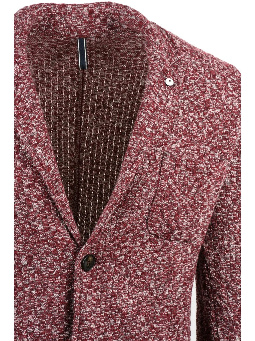 L.B.M. 1911 Textured Knit Blazer With Vibrant Red And Beige Pattern