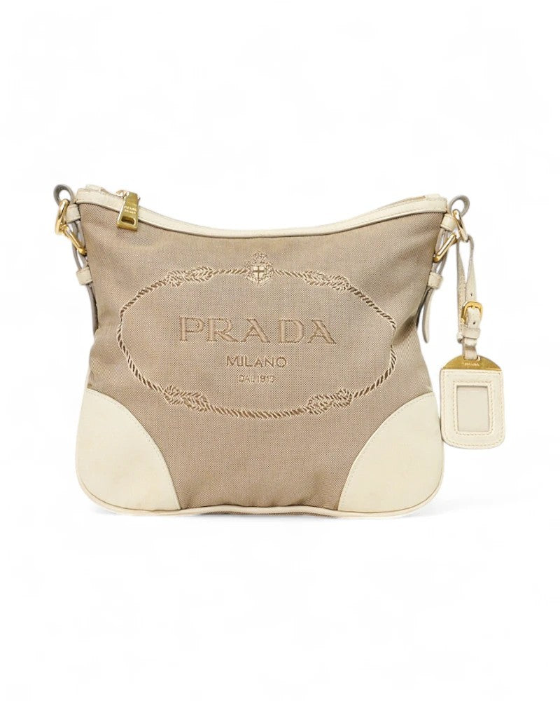 Prada Small Logo Shoulder Bag In Beige And White Canvas