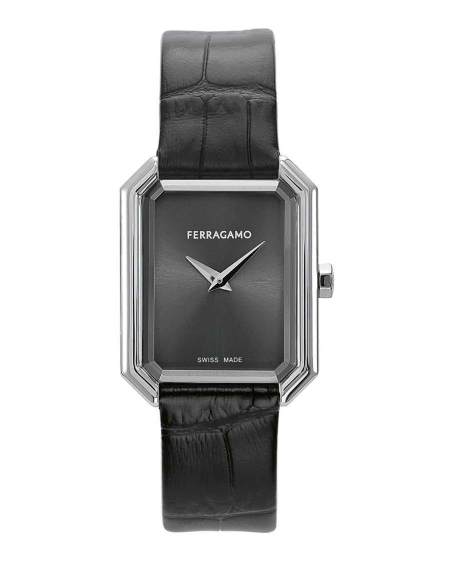 Ferragamo Swiss-Made Crystal Leather Watch With Black Calfskin Strap