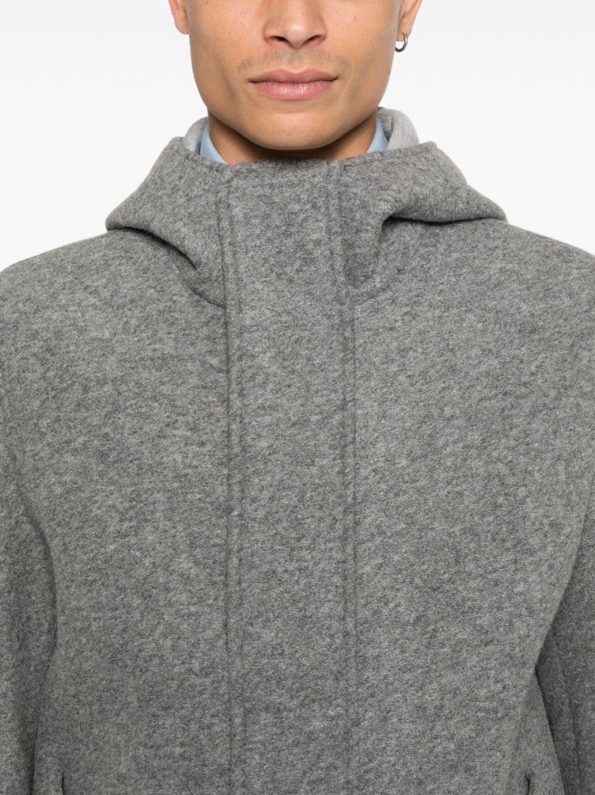 Manuel Ritz Hooded Grey Wool Coat With Flap Pockets And Concealed Closure