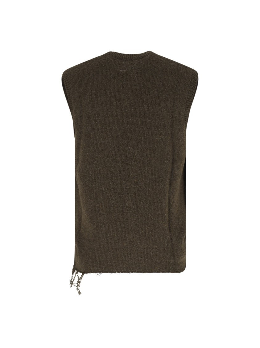 Mm6 By Maison Margiela Green Wool Destroyed Knit Vest