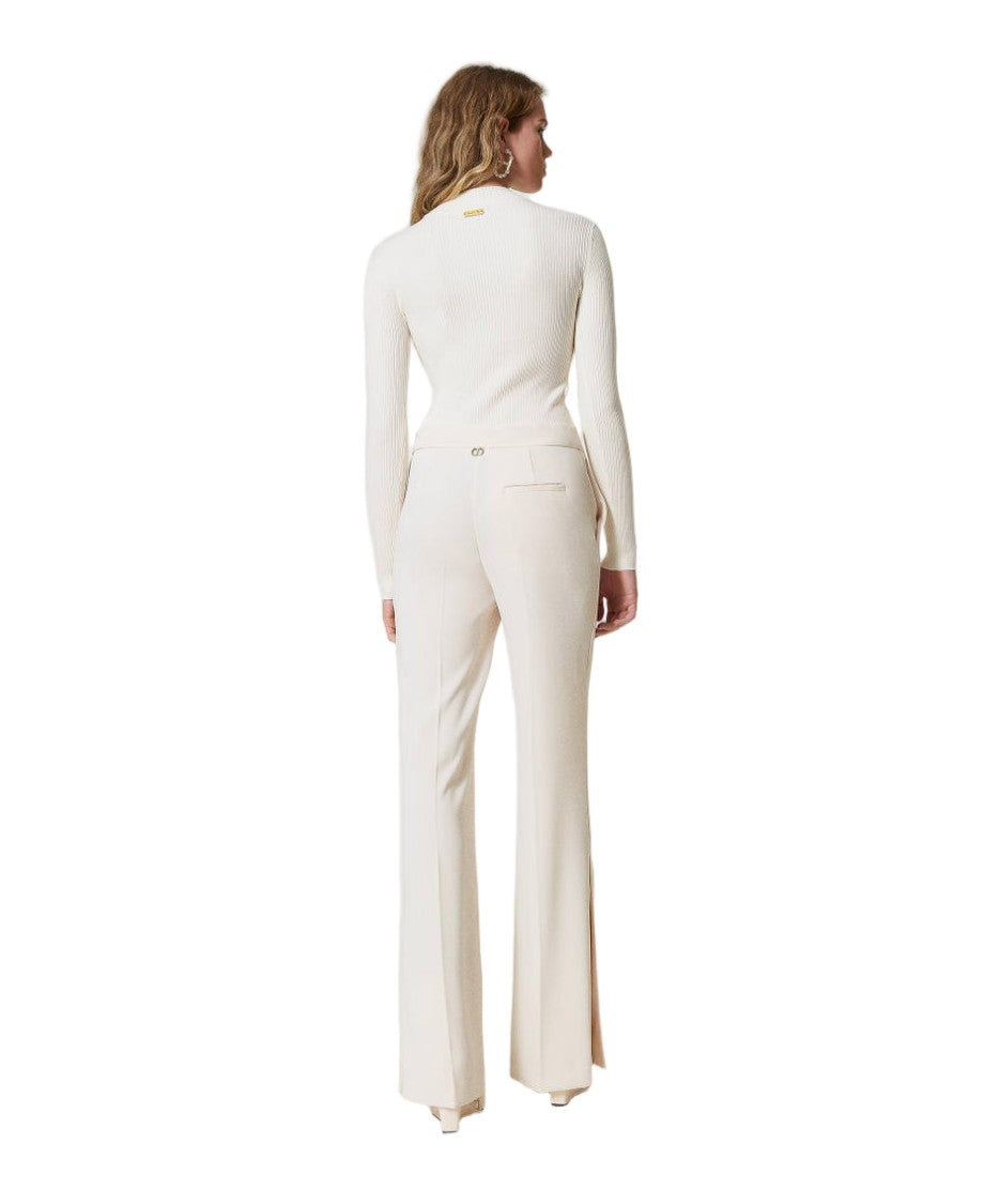 Twin-Set Old White Stretch Crêpe French Pockets Straight-Leg Pants