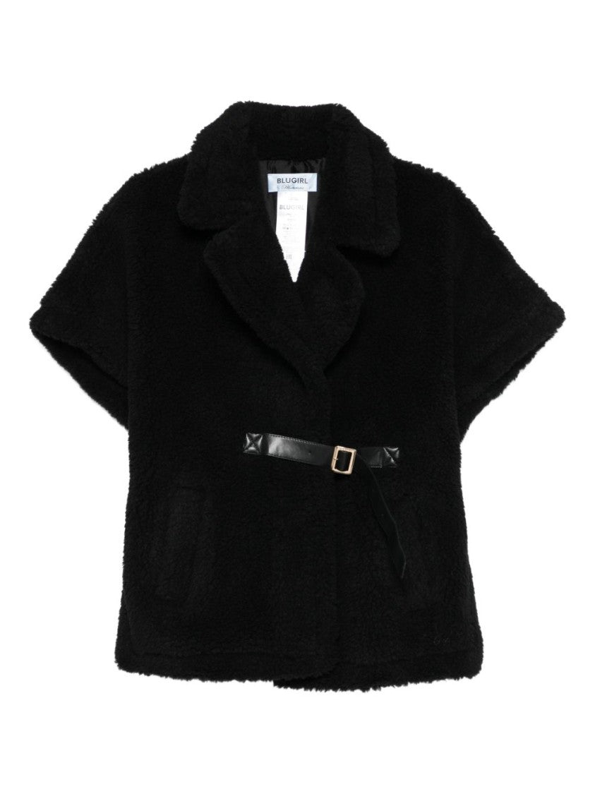 Blugirl Boxy Black Textured Jacket With Wide Collar And Leather Belt