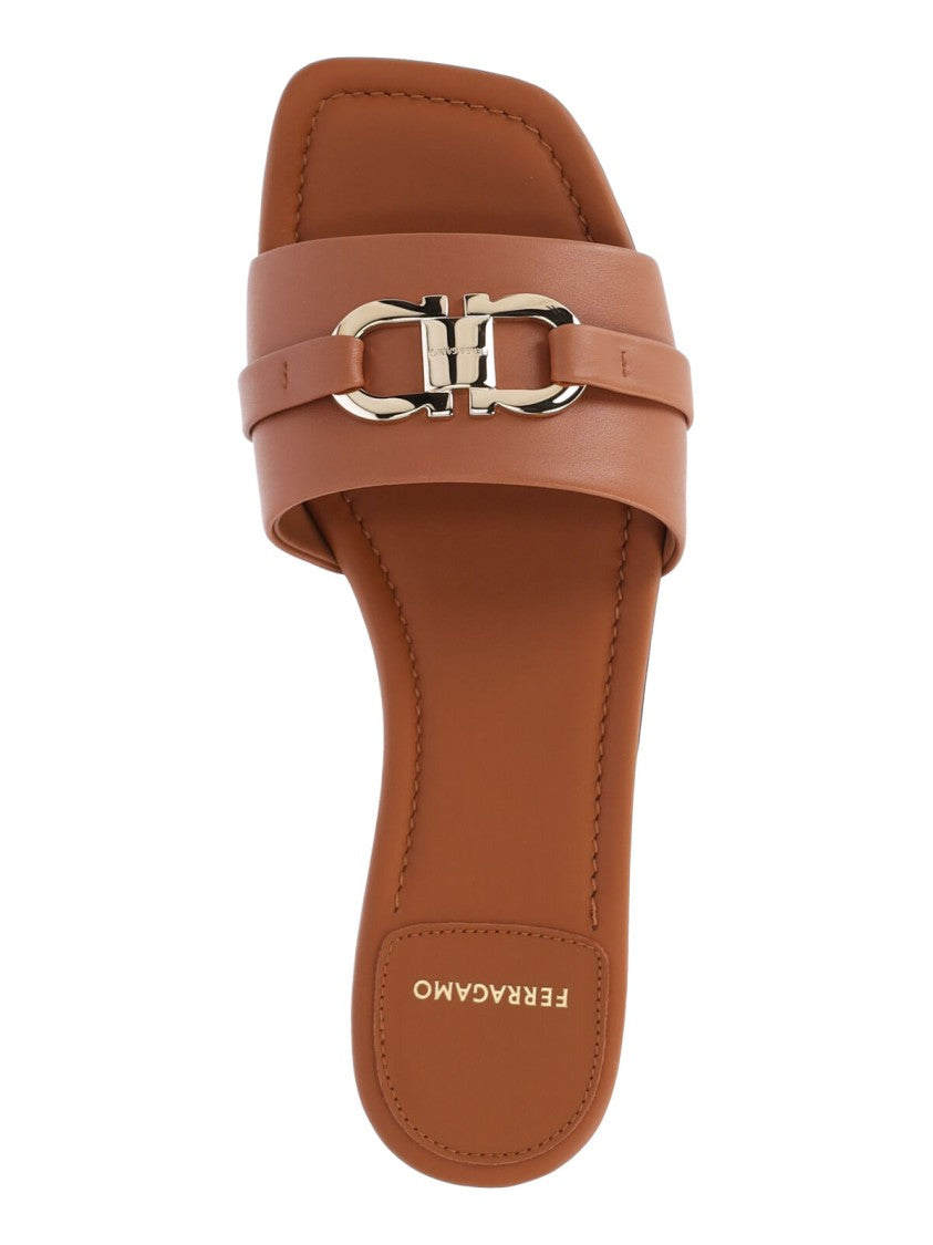 Ferragamo Brown Calf Leather Slip-On Gancini Sandals