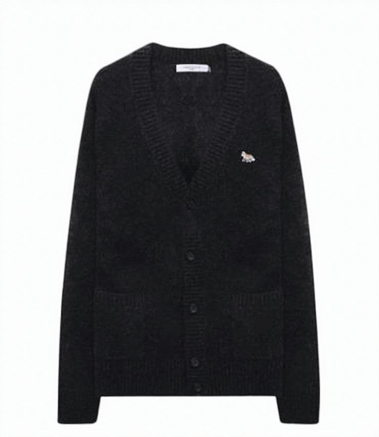 Maison Kitsuné Dark Gray Wool Cardigan With V-Neckline And Embroidered Fox Logo