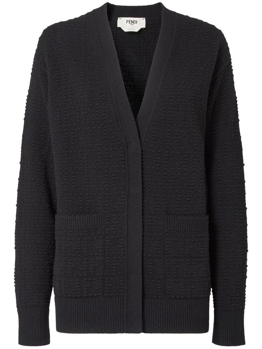 Fendi Textured Knit Cardigan With Deep V-Neckline And Ribbed Trims