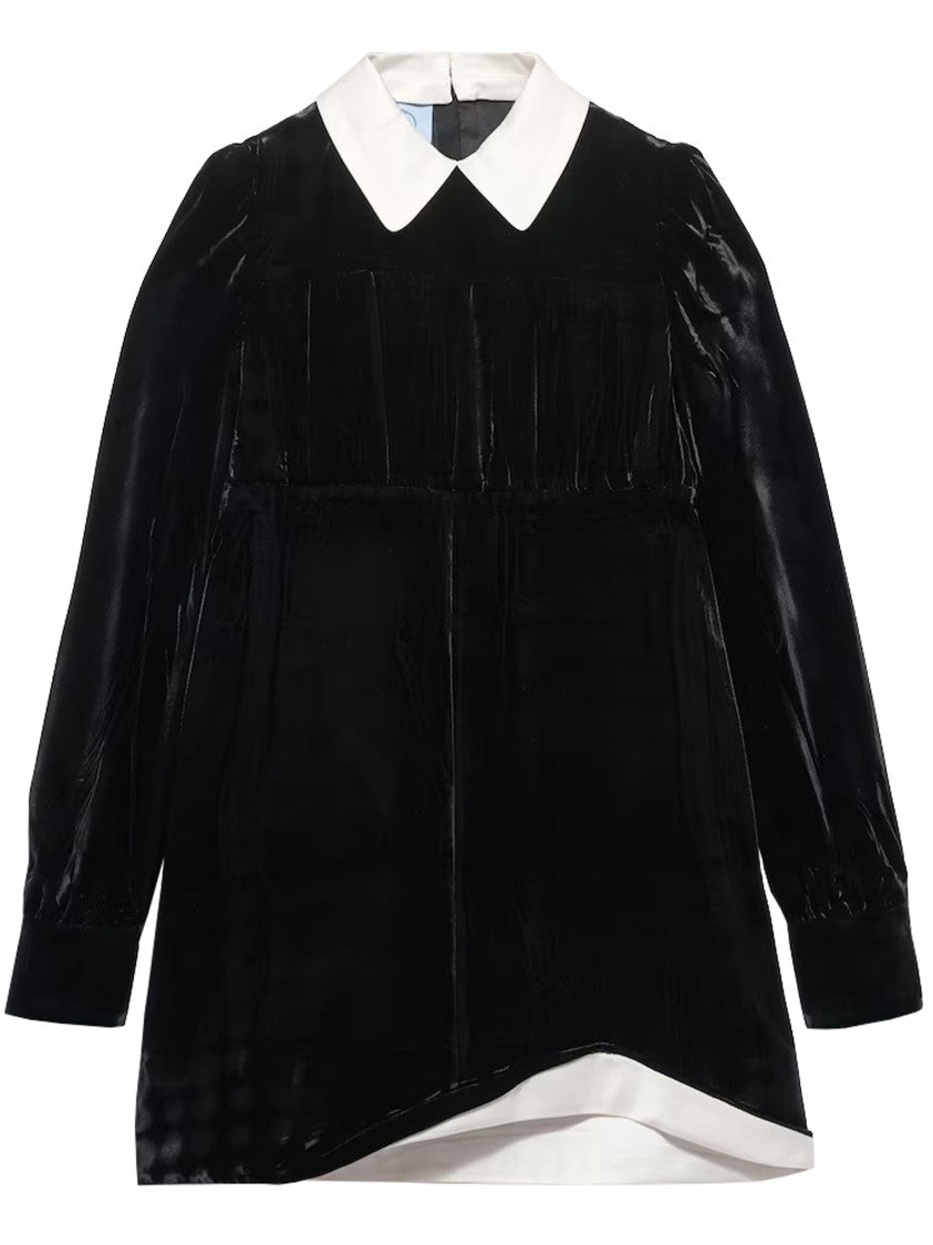 Prada Black Velvet Puffed-Sleeve Mini Dress