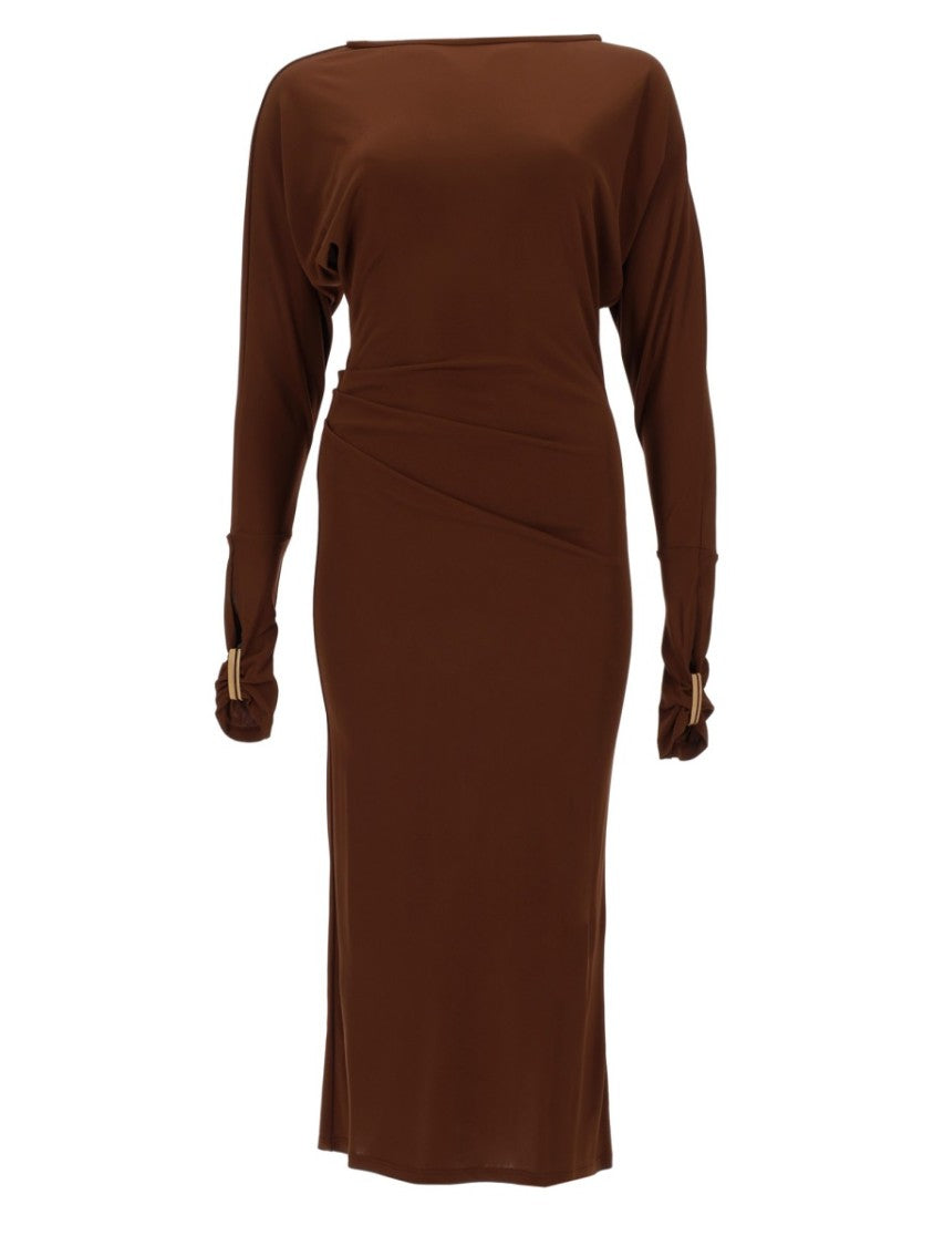 Max Mara Draped Midi Dress With Gathered Cuffs And Gold Accents