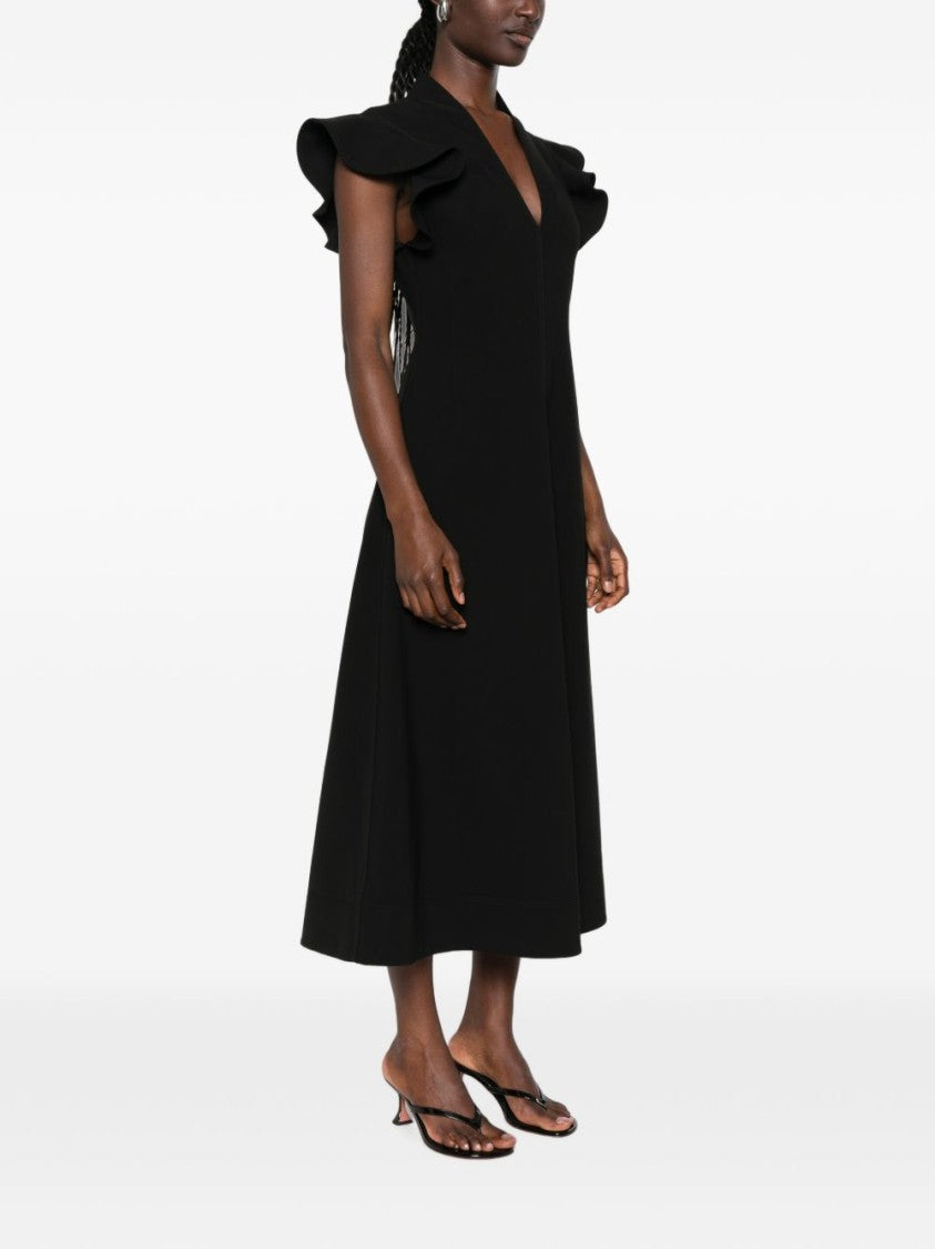 Moschino Black V-Neck Midi Dress With Ruffled Sleeves
