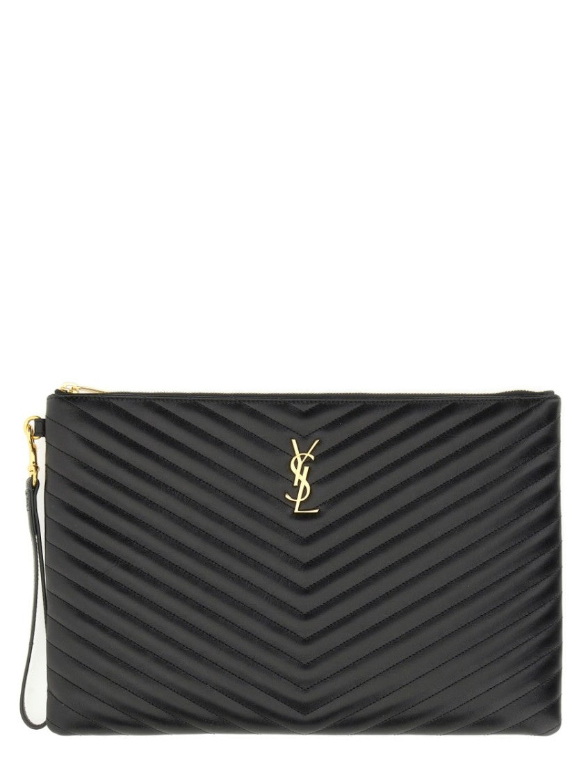 Saint Laurent Black Chevron Quilted Leather Clutch