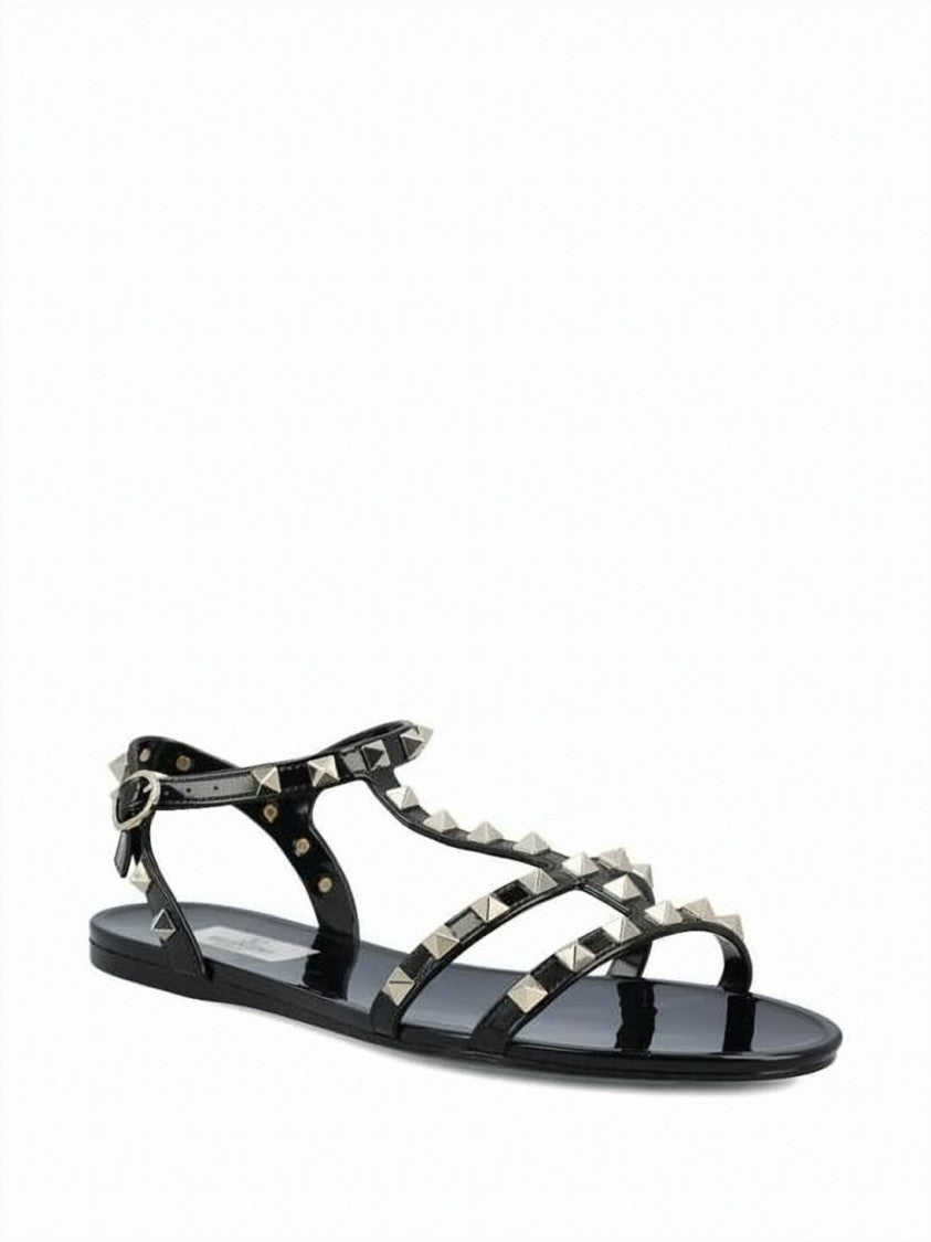 Valentino Garavani Pyramid Studded Black Rubber Flat Sandals