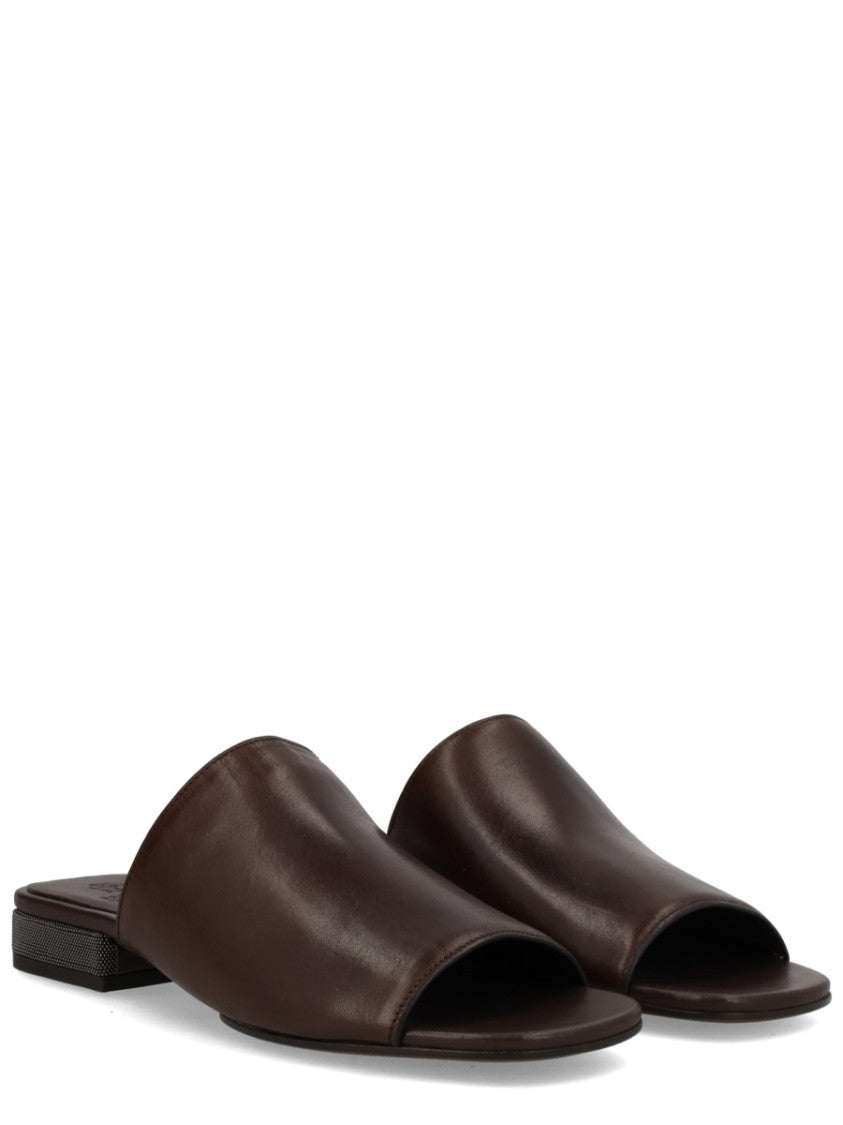 Brunello Cucinelli Brown Block-Heel Calf Leather Sandals
