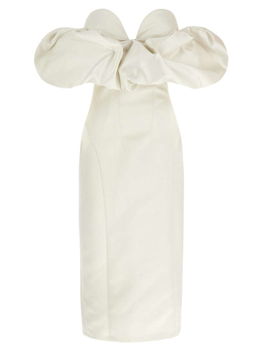 Elisabetta Franchi Satin Off-The-Shoulder Sheath Dress With Corset Detail