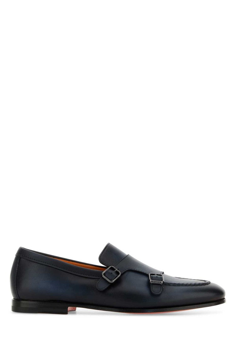 Santoni Midnight Blue Leather Dong Monk Strap Shoes