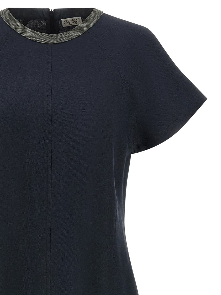 Brunello Cucinelli 'Precious Collar' Viscose And Linen Midi Dress